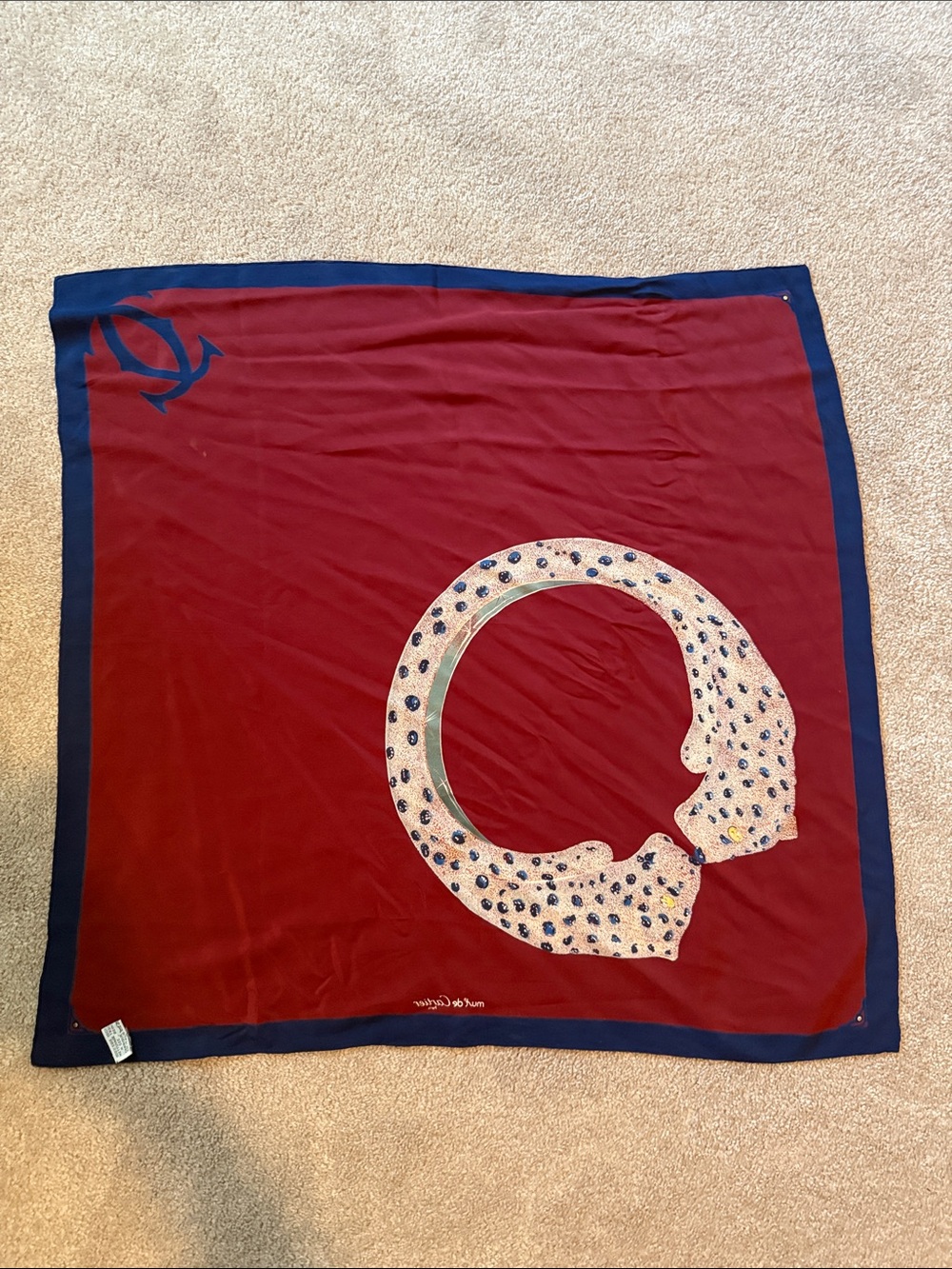 Cartier Red and Navy Silk Scarf with Leopard Ring Motif